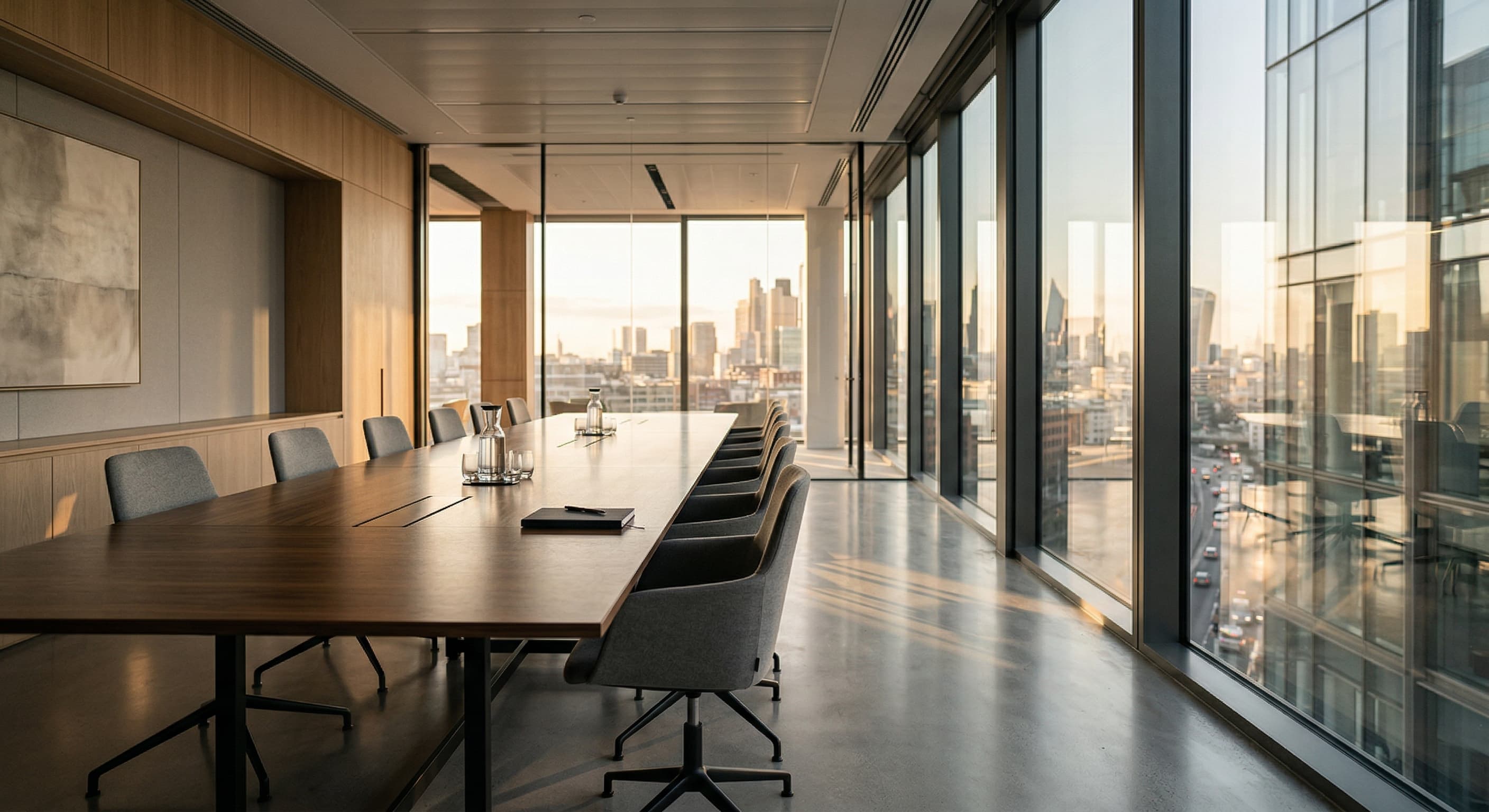 Modern boardroom with city skyline view at golden hour