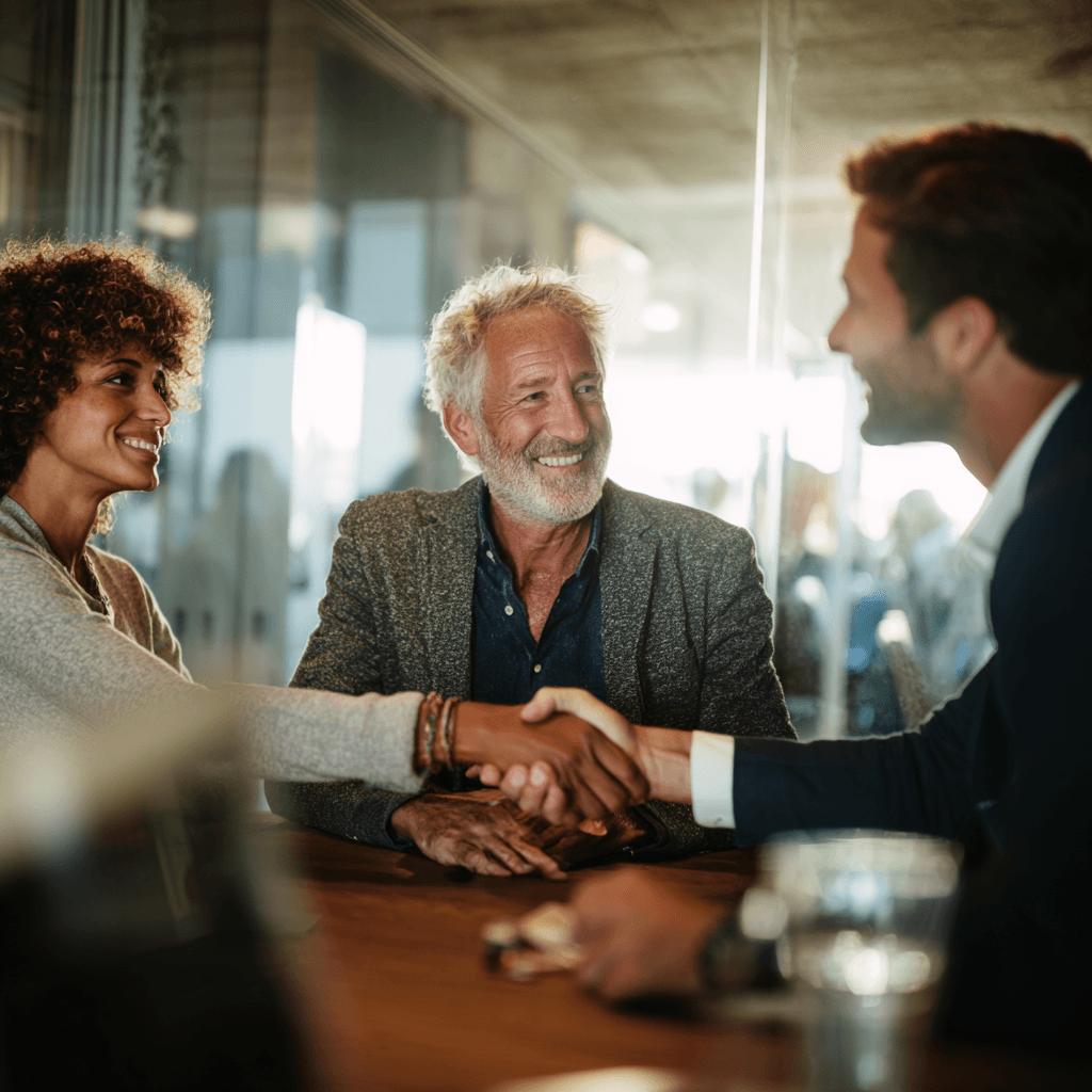 Business professionals shaking hands after closing a deal