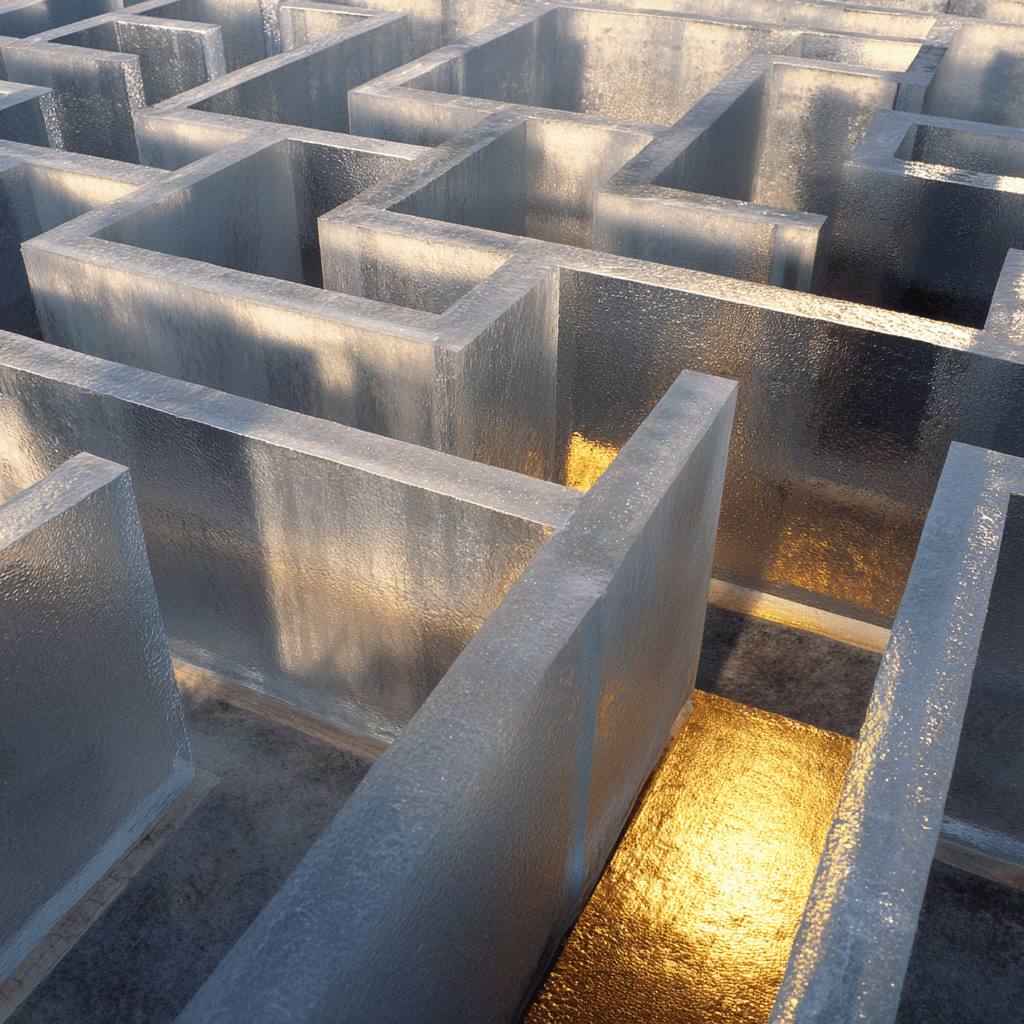 Abstract aerial view of a frosted glass maze with a single clear path
